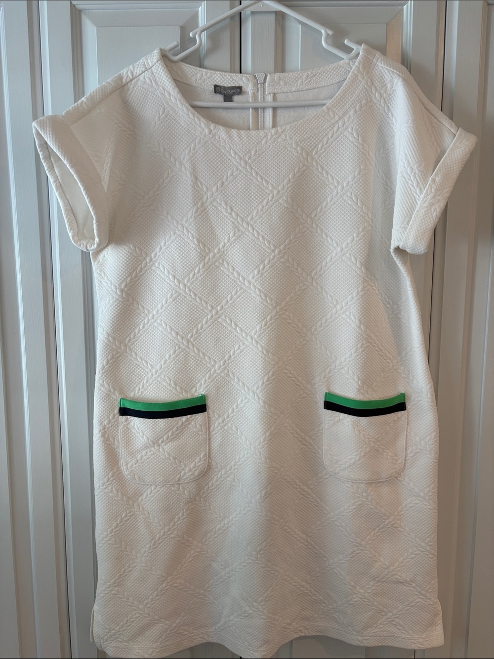 Talbots White Textured Shift Dress with Green & Black Pocket Accents